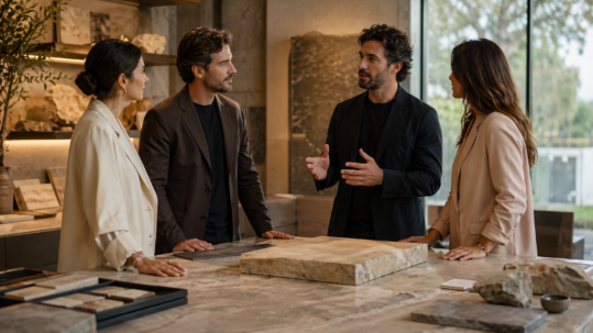 profissionais em reunião no ateliê KAZA ZAIRA com peças em pedras naturais