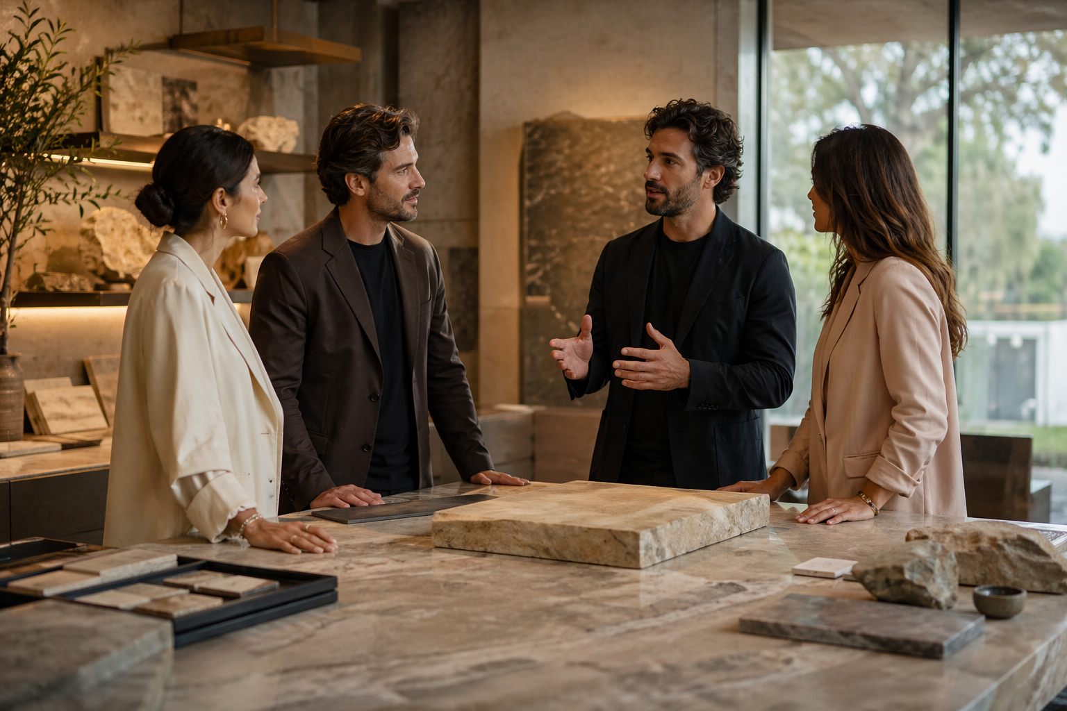 profissionais em reunião no ateliê KAZA ZAIRA com peças em pedras naturais