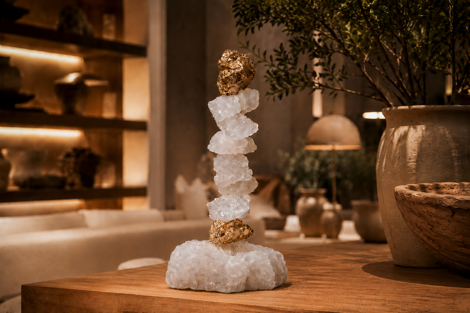 Composição editorial sofisticada da KAZA ZAIRA com peças autorais em ambiente contemporâneo minimalista.